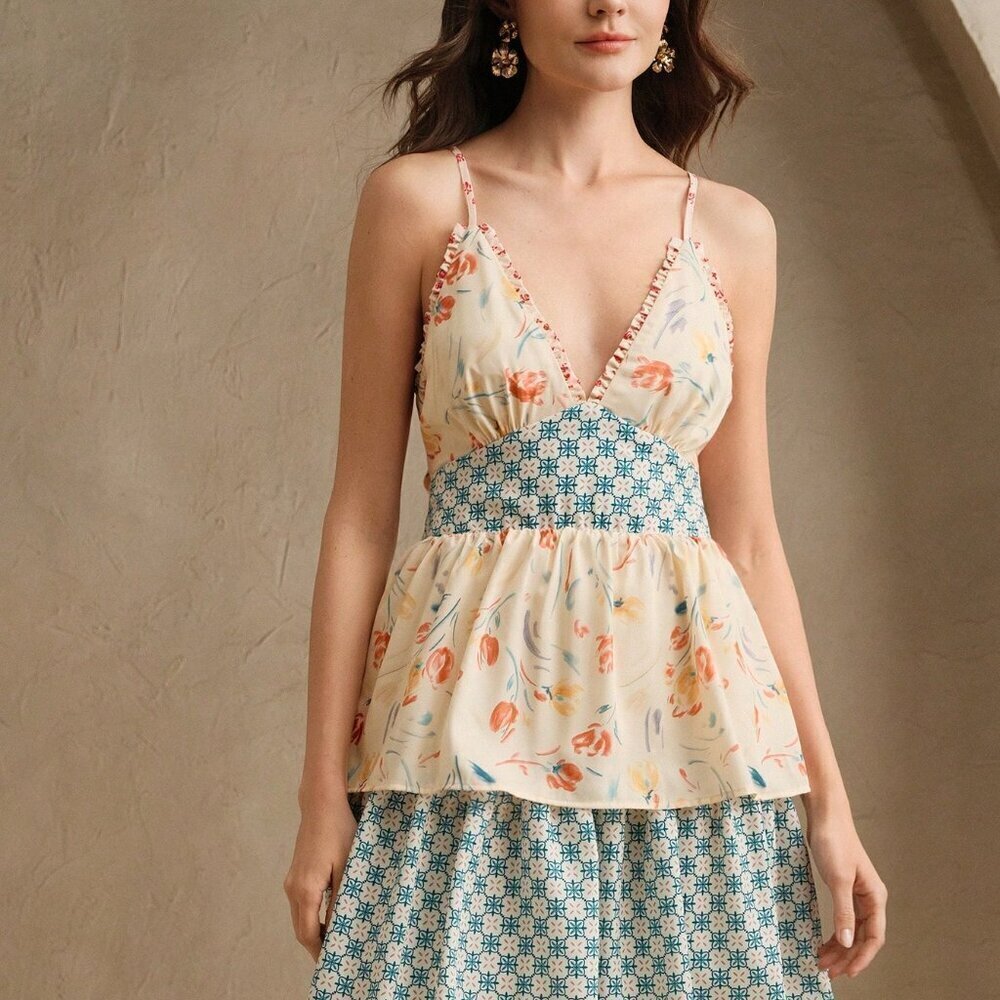 Apricot Boho Women's Floral Print Patchwork Style Long Dress - Picture 3 of 7